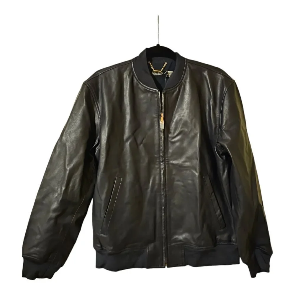 NWT‎ LAUREN RALPH LAUREN Dark Navy Stretch Leather Bomber Jacket - Size Large